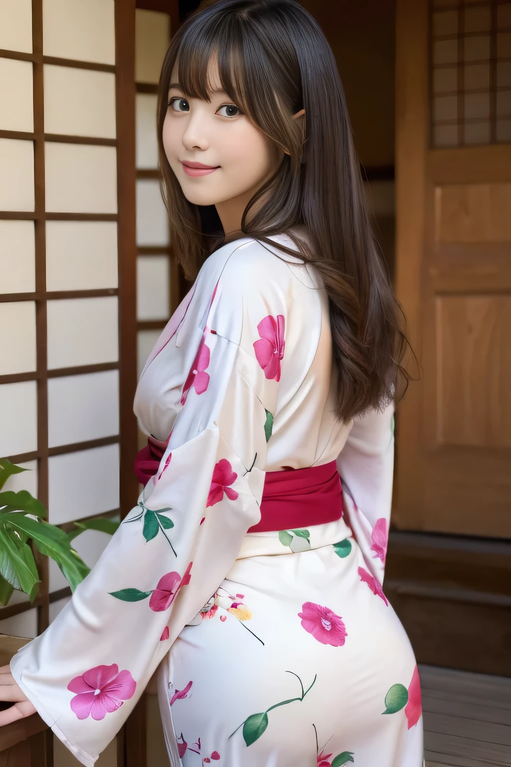 Best-quality, Masterpiece, Ultra-High-Resolution, (Photorealistic:1.4), Raw-Photo, 1girl, the most famous Japanese idol, wearing Japanese-KIMONO, upturned ass that wearing Japanese-KIMONO, looking at viewer, innocent-smile, the most cute face, the most beautiful big-eyes, the most beautiful hair, the most beautiful skins, the most beautiful long-eyelashes, the most beautiful lips, the most beautiful hip