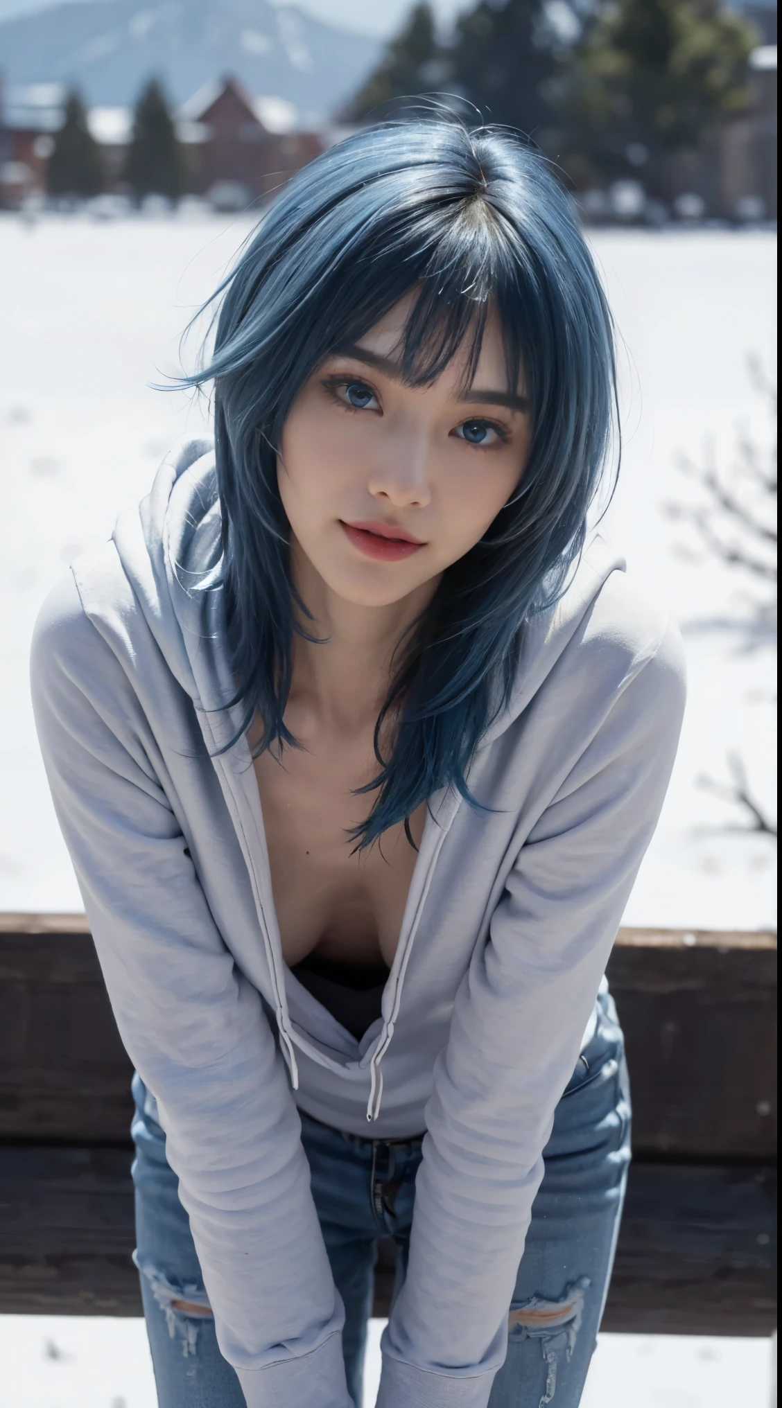 8K, Top Quality, Intricate Details, Ultra Detail, Ultra High Resolution, Masterpiece, random angle, Slender, Smile, (Makeup: 0.4), (Fluffy Blue Eyes: 1.21), blue Eyes, looking at viewer, ((full body)), 1girl, solo, 1 girl, (( full body)), close up shot, , ((tall)), (((fit body))), (((slim face))), sharp face, sharp eyes, (((sky blue hair, long hair, bangs )) , (detailed face), sharp face, small lips,
(( )), ((hoodie,)), detailed face, detailed breast, , large breast, detail ass, , Beautiful girl with accentuated slender abs: 1.4, Six Pack Abs: 1.4, Bust Botox, Big, Perfect Body, detail leg, (( moonlight)), in the snow