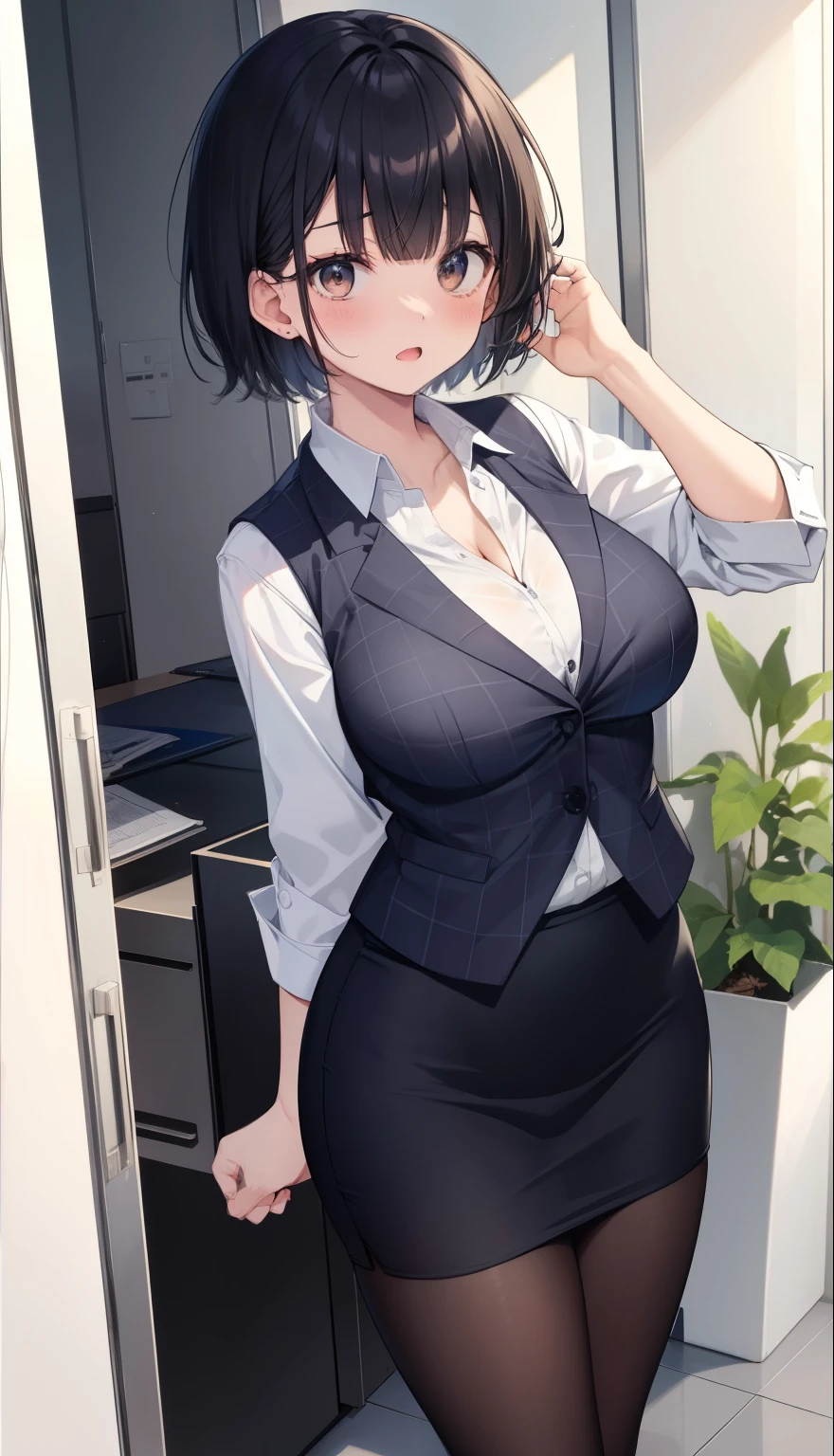 highest quality, Flying debris、Beautiful woman、Office Lady、Black Hair、(Brown eyes、Big Breasts、Blunt bangs)、short hair、Dark blue checked office suit)、new employee,Full Body Shot、Female office lady、break(Dark blue checked vest、White dress shirt、Navy blue mini tight pencil skirt:1.2)、(Black Pantyhose、garter belt、High heels)、break(office:1.3)、Cleavage、Shirt buttons fly off、Absolute area、Blushing、Embarrassed、Standing posture、Open your mouth、Exposing the breasts、Bare your breasts、No panties、No bra、Nipples are visible、Expose the nipple