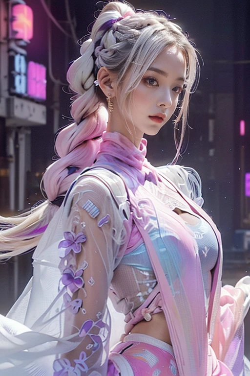 highest quality, Very detailed, masterpiece, Two women posing,(((Perfect female body))),Very beautiful face, Very beautiful body,Gentle expression, Very beautiful eyes,(Perfect Makeup:1.1),Fashion Model,Cyberpunk Fashion,Cinematic Light,Curly Hair,Shaggy Hair, (Drifting in the Wind,Long braided chignon hair in a gradient of white and purple:1.5),very thin body,Smart Abs,(Monogram pattern:1.3), (((Various patterns,Pink and blue gradient,See-through Bolero,Colorful racing suit:1.3))),anklet,Tech High Top Sneakers,A kind smile,Full body portrait,(Night in Cyber City), (Shiny skin),(Earrings),Long scarf with elegant pattern,Neon long shawl,Digital Feather,LED Signs,