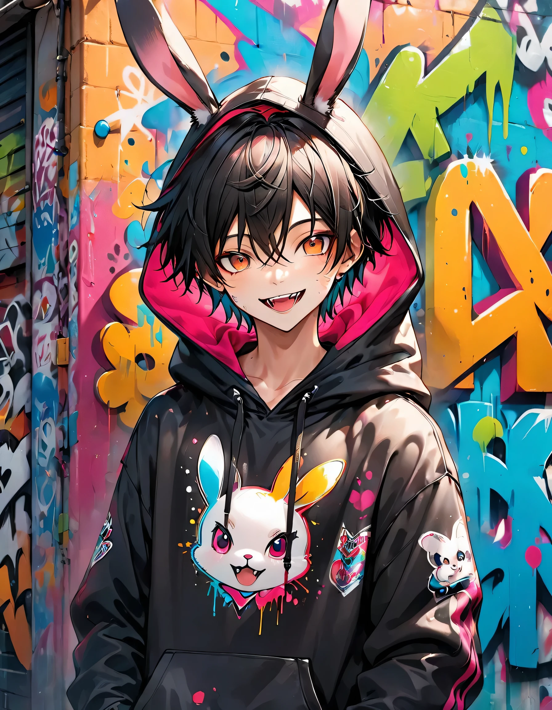 A -yeld angynous boy with a mischievous smile, revealing his fangs. He is wearing a black hoodie with bunny ears, standing in front of a wall covered in graffiti and splattered paint. The boy has a playful and lively expression, with a hint of mischief in his eyes. His face is delicate yet bold, blending both masculine and feminine traits. The bunny ears on the hoodie are soft and realistic, adding a whimsical touch to his appearance. The background is a vibrant urban street scene, filled with colorful graffiti and paint splatters, enhancing the boy's energetic and rebellious vibe.
