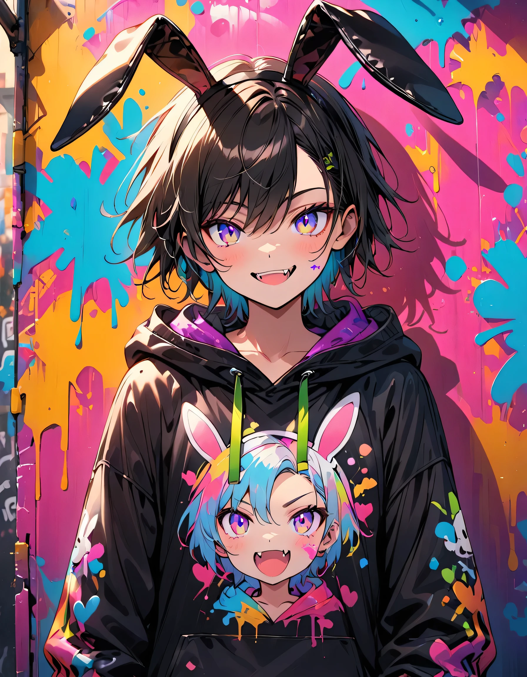 A 17-year-old androgynous boy with a mischievous smile, revealing his fangs. He is wearing a black hoodie with bunny ears, standing in front of a wall covered in graffiti and splattered paint. The boy has a playful and lively expression, with a hint of mischief in his eyes. His face is delicate yet bold, blending both masculine and feminine traits. The bunny ears on the hoodie are soft and realistic, adding a whimsical touch to his appearance. The background is a vibrant urban street scene, filled with colorful graffiti and paint splatters, enhancing the boy's energetic and rebellious vibe.
