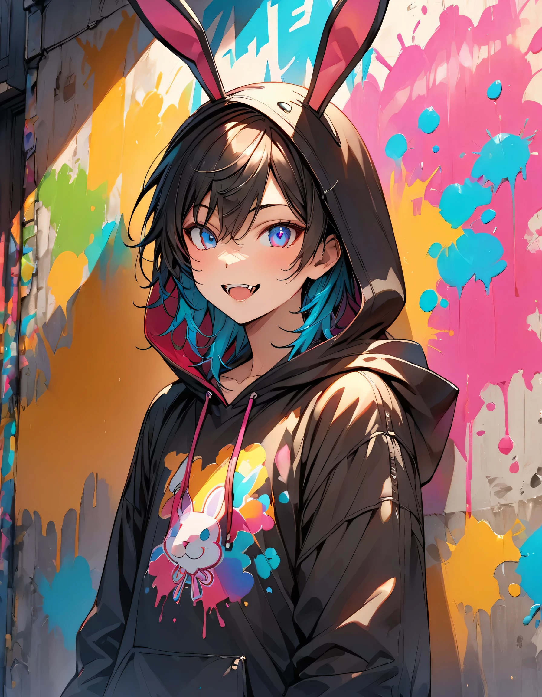 A -yeld angynous boy with a mischievous smile, revealing his fangs. He is wearing a black hoodie with bunny ears, standing in front of a wall covered in graffiti and splattered paint. The boy has a playful and lively expression, with a hint of mischief in his eyes. His face is delicate yet bold, blending both masculine and feminine traits. The bunny ears on the hoodie are soft and realistic, adding a whimsical touch to his appearance. The background is a vibrant urban street scene, filled with colorful graffiti and paint splatters, enhancing the boy's energetic and rebellious vibe.
