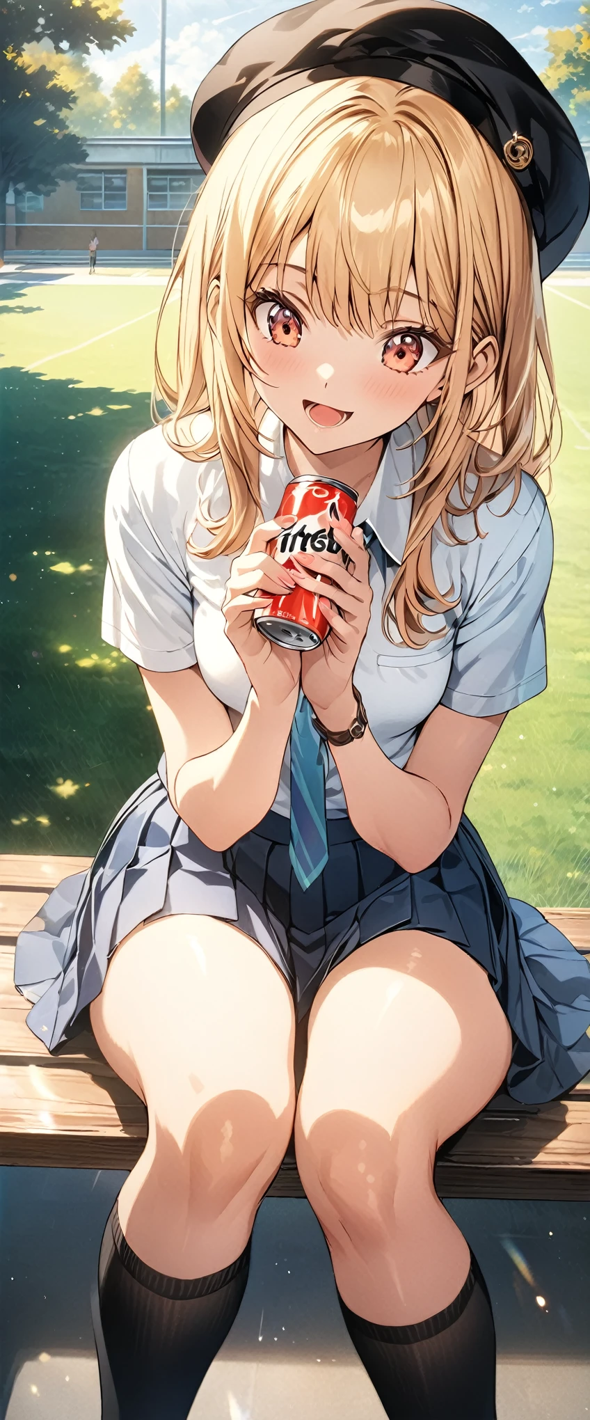 (masterpiece, best_quality), extremely detailed CG unity 8k wallpaper, super fine illustration, (anime_style), Woman posing for a photo, A shy smile, Small open mouth, Long Hair, Straight hair, Fine skin, Beautiful Hands, Beautiful fingers, Wearing a beret, tie, Small breasts, Short sleeve blouse, Pleated skirt, Thighs, Absolute area, Knee socks, loafers, Daytime, Hot summer day, School, Schoolyard, Sitting on a bench, holding Canned juice, Natural light, Detailed face:1.2, Sharp focus, Hasselblad Photos, masterpiece, light makeup, Cinematic lighting, 4k, sharpness, Anime Style, whole body, Canned juice, BREAK looking at another, perfect anatomy, perfect body, (perfect arms), (perfect hands, perfect fingers), perfect legs, perfect feet, perfect toes, 5_fingers, (4_fingers,1_thumbs),