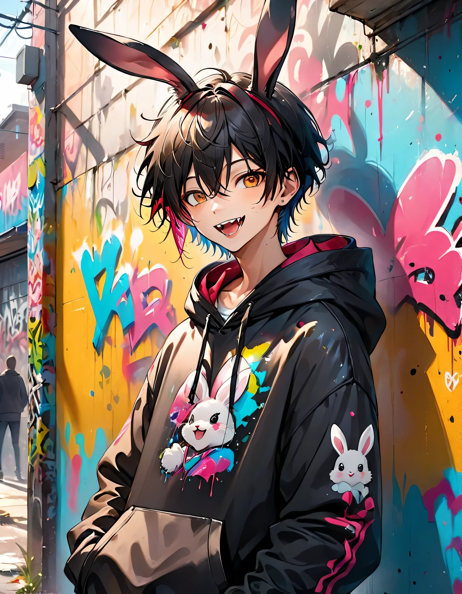 A -yeld angynous boy with a mischievous smile, revealing his fangs. He is wearing a black hoodie with bunny ears, standing in front of a wall covered in graffiti and splattered paint. The boy has a playful and lively expression, with a hint of mischief in his eyes. His face is delicate yet bold, blending both masculine and feminine traits. The bunny ears on the hoodie are soft and realistic, adding a whimsical touch to his appearance. The background is a vibrant urban street scene, filled with colorful graffiti and paint splatters, enhancing the boy's energetic and rebellious vibe.
