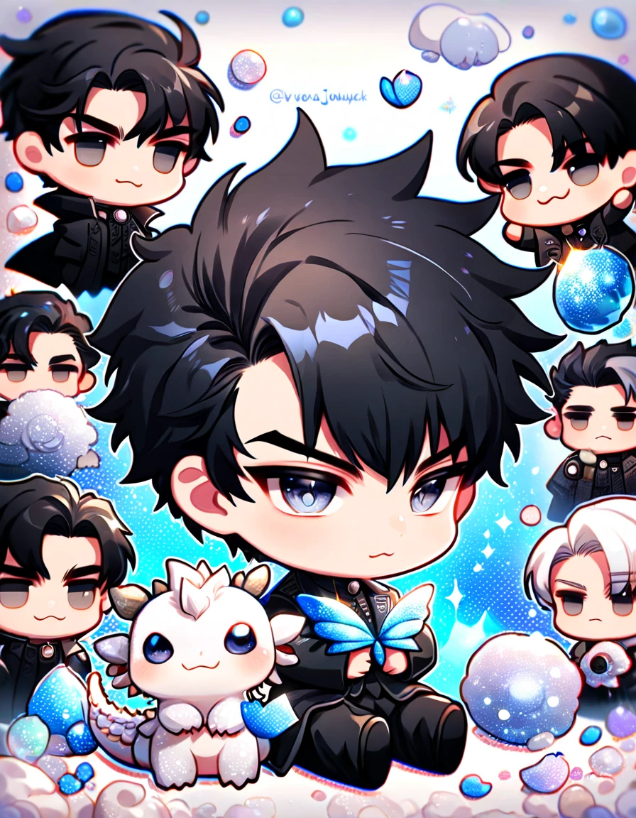 absurdres, highres, ultra detailed, HDR) master piece, best quality, Yoo Joonghyuk chibi, black hair, expressive gray eyes, omniscient reader's viewpoint, cute, black clothes, with accessories, hugging a white small dragon, jewelry, patterns, magical fantasy, blue butterflies, glittering, sparkling, blue lilies, petals, radiant