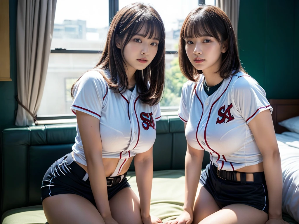 (RAW photo, 4k, masterpiece, high resolution, extremely complex) (realistic: 1.4), cinematic lighting
((2 girls)),Slam Dunk's,blushing,((innocent)),(Dark makeup),bright eyes,round eyes,blunt bangs,(straight hair:1.3),black hair,large breasts,wide hips,Summer Noon, 20 year old girl、cute type、lolita,Hot, (Best Quality), (Highres), (an Extremely Delicate and Beautiful),(Beautiful 8k face),(Brown eyes),short bob hair,( spectators),(gigantic breasts),(Play with each other,Touching each other's bodies,Touching the body),((Baseball Uniforms), a miniskirt, Toned buttocks),(reality),bright lighting,(The background is a luxury hotel room)