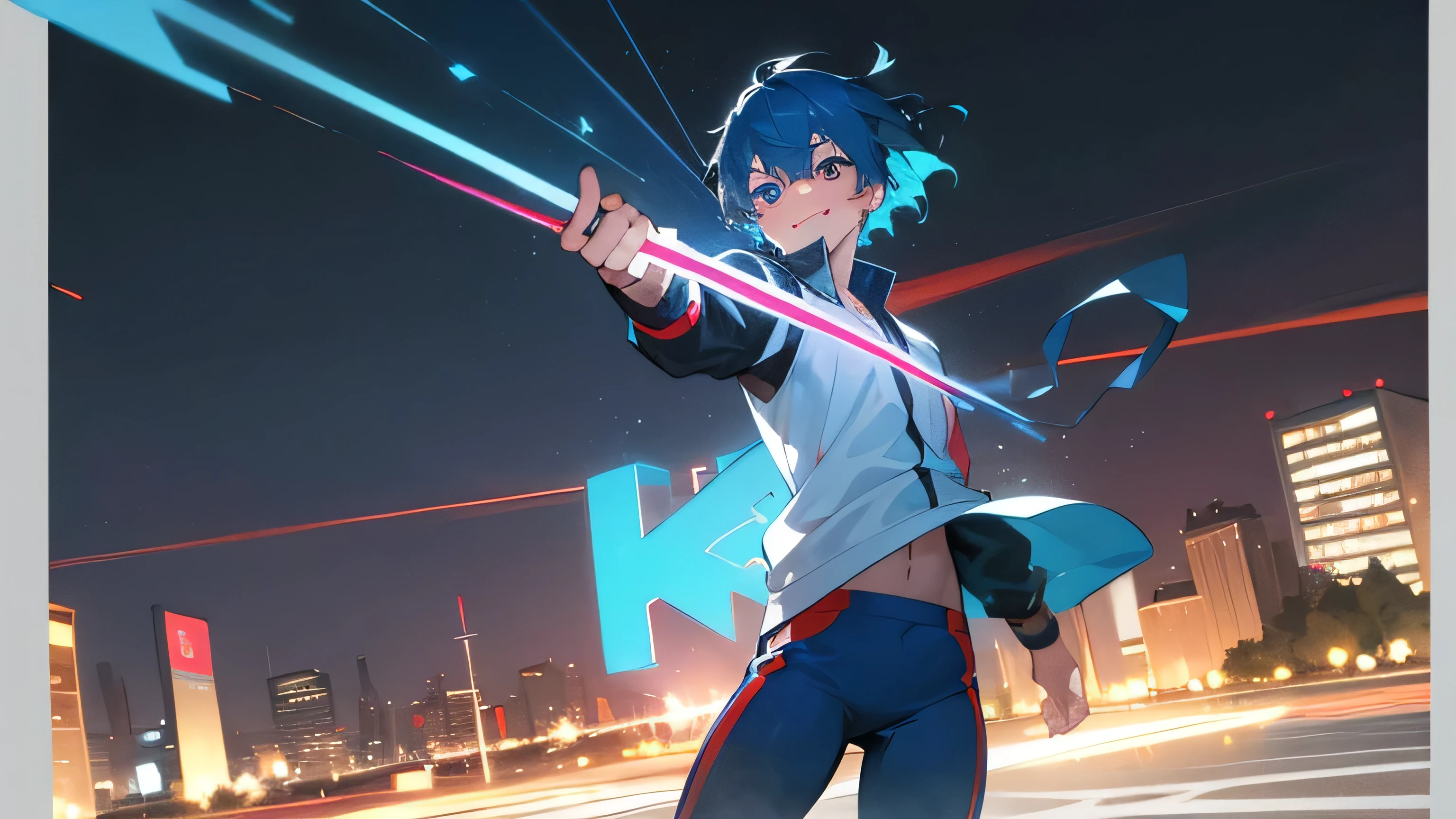 best quality, masterpiece, ultra high resolution, realistic, 1 boy, (blue hair), heterochromic pupils, (smile), (black red and white sportswear, with a blue pants), neon square, wide angle, with light, dark blue phoenix, in the background , in a city