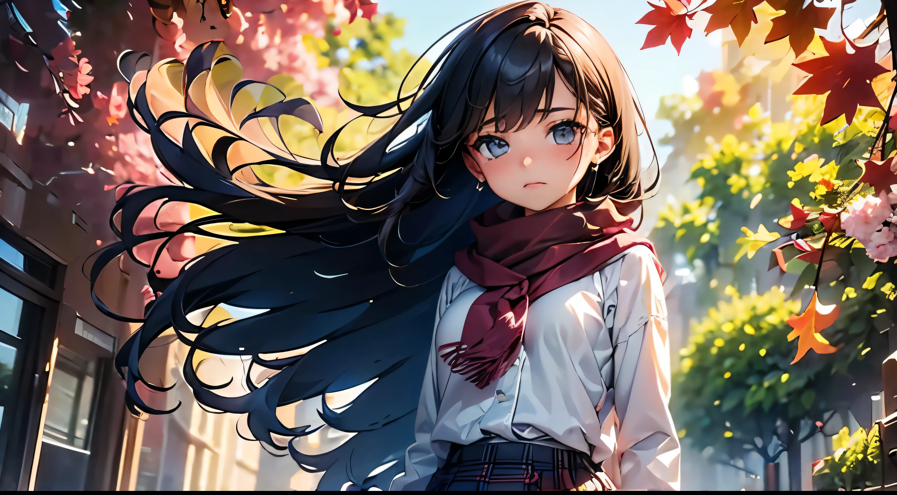 (((beautiful detailed, ultra-detailed))), (masterpiece, top quality, top quality, ultra high resolution, anime style), (masterpiece:1.2) , (best quality:1.2) , (ultra-detailed:1.2), 1girl, solo, sad face, face looking up at the sky, standing posture, Composition up to the knees, long hair, long skirt, bag, brown eyes, brown hair, scarf, plaid, leaf, tree, autumn, autumn leaves, wind, Composition looking up from below,