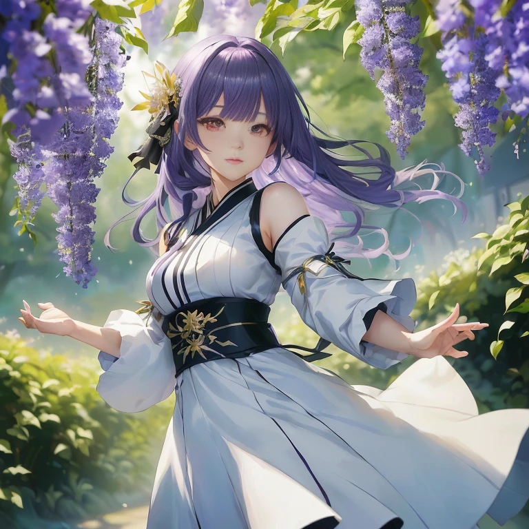 anime girl in a white dress with purple hair and a black belt, ayaka genshin impact, ayaka game genshin impact, cushart krenz key art feminine, official art, high detailed official artwork, official artwork, hinata hyuga, marin kitagawa fanart, keqing from genshin impact, zhongli from genshin impact, official anime artwork