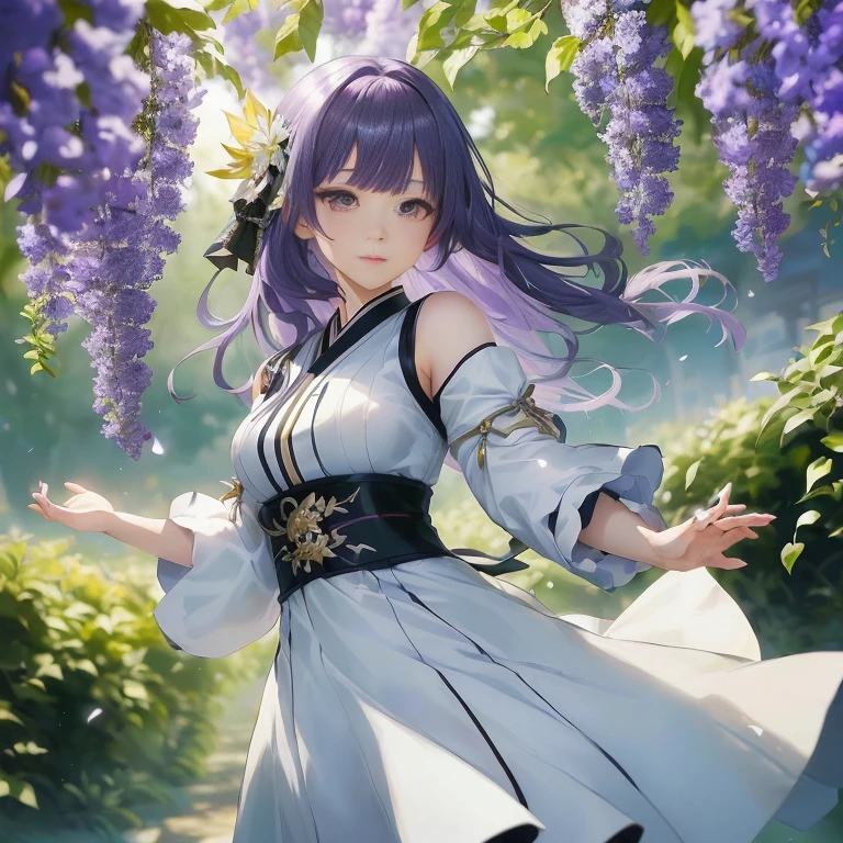 anime girl in a white dress with purple hair and a black belt, ayaka genshin impact, ayaka game genshin impact, cushart krenz key art feminine, official art, high detailed official artwork, official artwork, hinata hyuga, marin kitagawa fanart, keqing from genshin impact, zhongli from genshin impact, official anime artwork