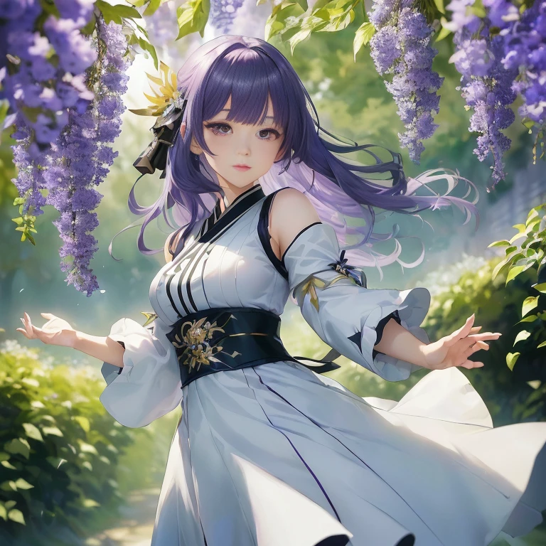 anime girl in a white dress with purple hair and a black belt, ayaka genshin impact, ayaka game genshin impact, cushart krenz key art feminine, official art, high detailed official artwork, official artwork, hinata hyuga, marin kitagawa fanart, keqing from genshin impact, zhongli from genshin impact, official anime artwork
