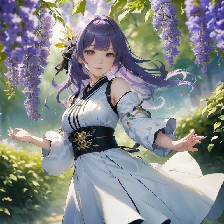 anime girl in a white dress with purple hair and a black belt, ayaka genshin impact, ayaka game genshin impact, cushart krenz key art feminine, official art, high detailed official artwork, official artwork, hinata hyuga, marin kitagawa fanart, keqing from genshin impact, zhongli from genshin impact, official anime artwork