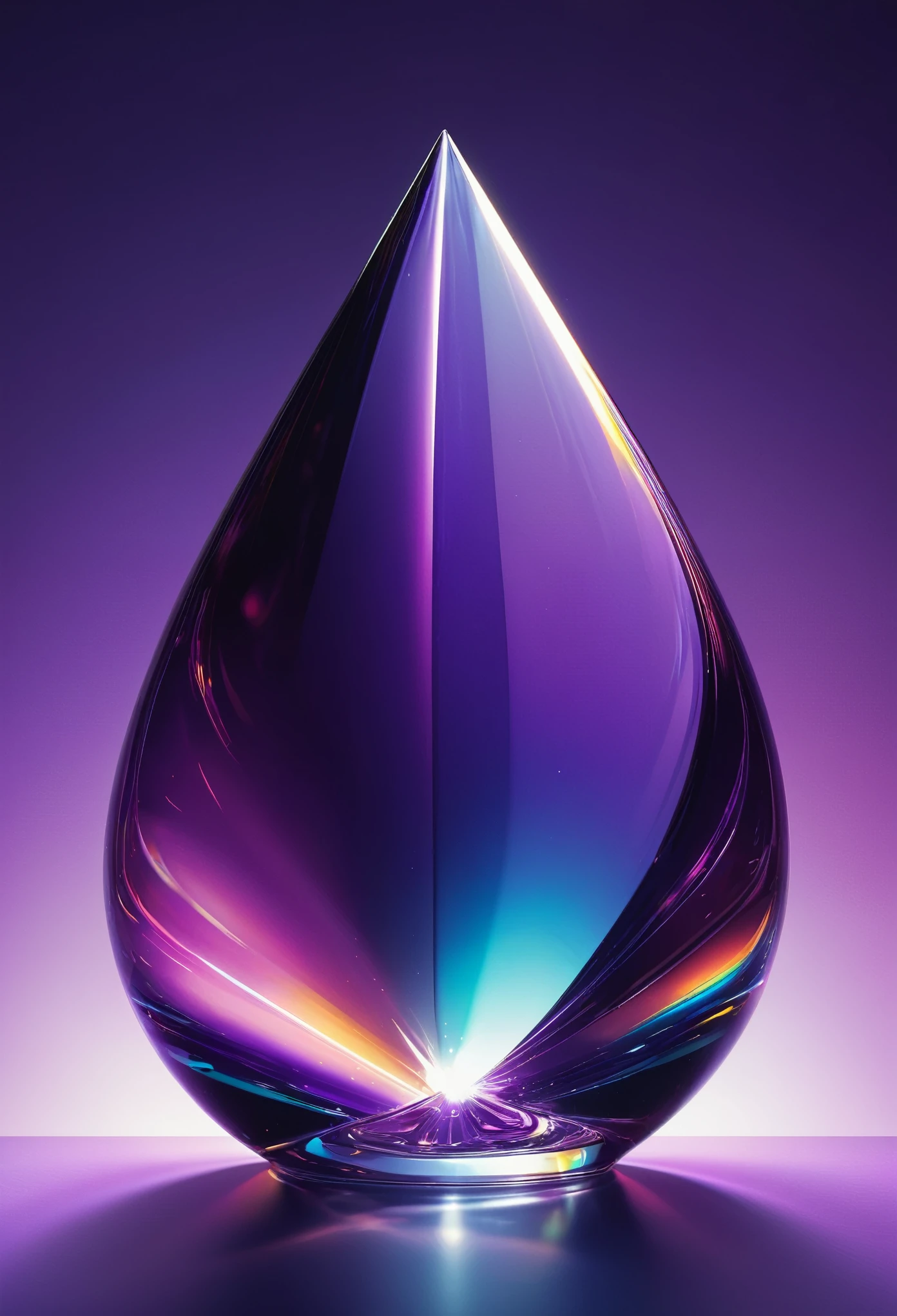 surreal glass shape, beam of purple light passing through the glass, liquid glass, chromatic aberration, broken prism, refraction, light caustics, detailed illustration,