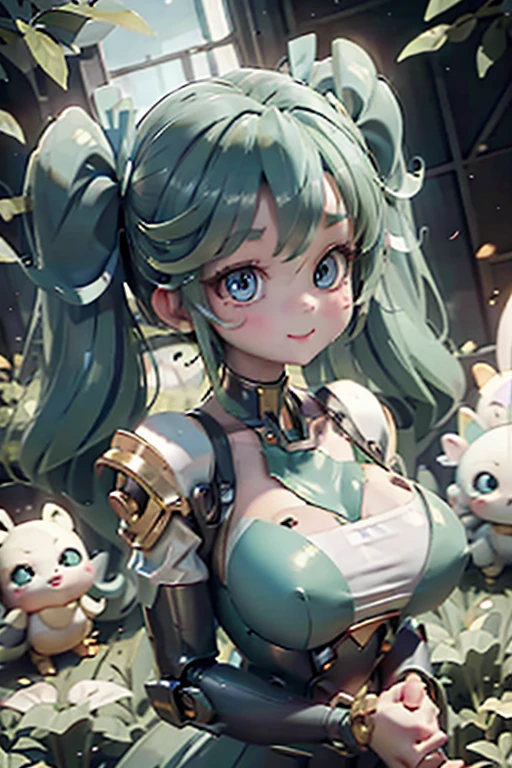 masterpiece、highest quality、High resolution、8k、Baby Face、1 Beautiful Girl、20-year-old、Harpy、Mecha、Mecha少女、MechaHarpy、Cute eyes、Big eyes、dark light blue eyes、Green Hair、Twin tails、Laughing with your mouth open、cheek、lipstick、Bikini Armor、Sexy pose、Dynamic Pose、From the side,