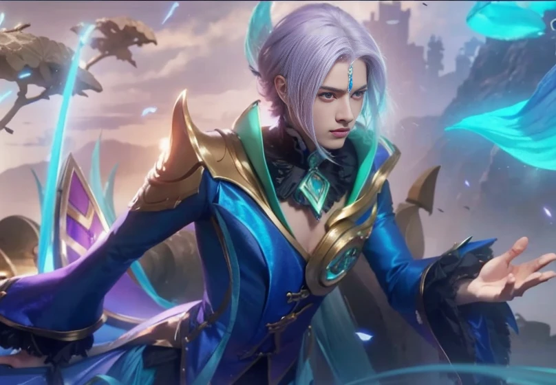8k, very detailed,soft boy, purple eyes, white haired man, man in blue, handsome boy, cool boy
