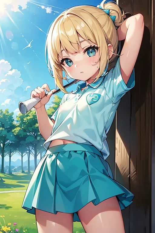 highest quality、High resolution、Detailed Background、(Beautiful face in every detail:1.4)、Anatomically correct、(Detailed facial expressions)、(Fine grain:1.2)、Beautiful women in their twenties、(Highly detailed face:1.4)、Light-colored hair、Braided Ponytail、Bobcut、Fits on one screen、
Sunrise over the golf course、Stand on the tee、
The wind is blowing comfortably、The grass is shining a fresh green、
golfer'While the club hits the ball accurately、The body is kept firmly centered.、
golferを描くことで'Powerful expression, Expressing the force of the moment of impact.、
golferが完璧なバランスでスイングするときのクラブの軌道を描写します.、
Straight back and hand position when releasing the club、By drawing a relaxed expression, Demonstrates the stability and perfection of a perfect swing.、
A colorful polo shirt and a cute skirt combo、 Very thin and sheer polo shirts in bright colors or stripes give a refreshing impression..、Golf sports dress、Easy-to-move materials and design, The colorful coloring gives a sporty impression while also enhancing femininity..、Sleevelesini skirt、cute、((((Nipples are visible through the))))、((((The shape of the breasts is clearly visible))))、