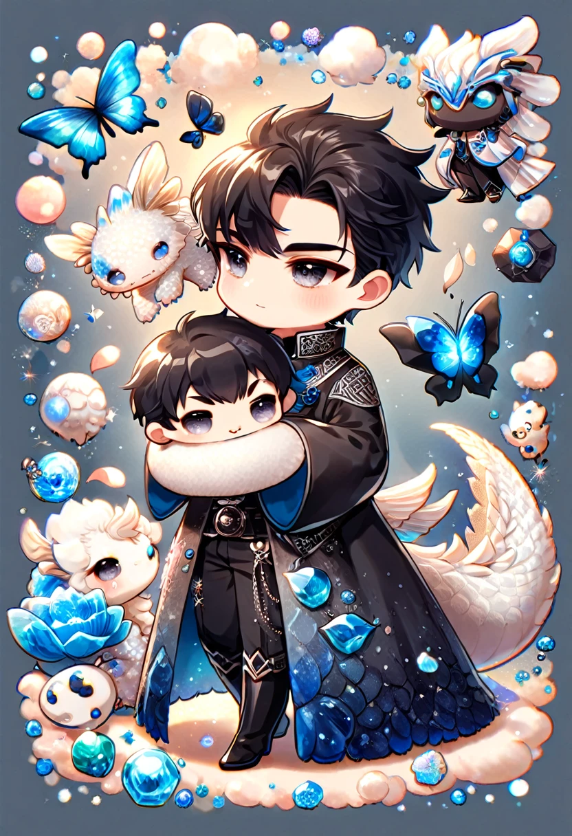absurdres, highres, ultra detailed, HDR) master piece, best quality, Yoo Joonghyuk chibi, black hair, expressive gray eyes, omniscient reader's viewpoint, cute, black clothes, with accessories, hugging a white small dragon, jewelry, patterns, magical fantasy, blue butterflies, glittering, sparkling, blue lilies, petals, radiant, blue background with gemstones