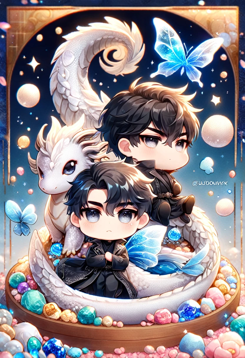 absurdres, highres, ultra detailed, HDR) master piece, best quality, Yoo Joonghyuk chibi, black hair, expressive gray eyes, omniscient reader's viewpoint, cute, black clothes, with accessories, hugging a white small dragon, jewelry, patterns, magical fantasy, blue butterflies, glittering, sparkling, blue lilies, petals, radiant, blue background with gemstones