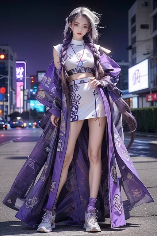 highest quality, Very detailed, masterpiece, Two women posing,(((Perfect female body))),Very beautiful face, Very beautiful body,Gentle expression, Very beautiful eyes,(Perfect Makeup:1.1),Fashion Model,Cyberpunk Fashion,Curly Hair,Shaggy Hair, (Drifting in the Wind,Very long braided hair dyed white and purple: 1.5),Pink and blue gradient:1.3, very thin body,Smart Abs,(Monogram pattern:1.3),Tech See-Through Blazer,Monogram patternロングレングススカート,anklet,Tech High Top Sneakers,A kind smile,Full body portrait,(Night in Cyber City), (Shiny skin),(Earrings),Long scarf with elegant pattern,Neon long shawl,Digital Clock,