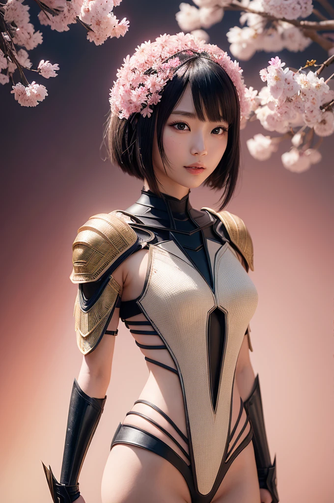 beautiful japanese young woman, wearing spiderman armor made of silver, thick symmetrical features, very short hair, background is cherry blossoms, pink aura, red lips, octane render,