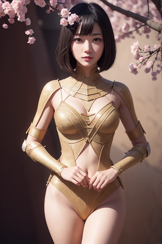 beautiful japanese young woman, wearing spiderwoman armor made of papyrus, thick symmetrical features, very short hair, background is cherry blossoms, pink aura, red lips, octane render,