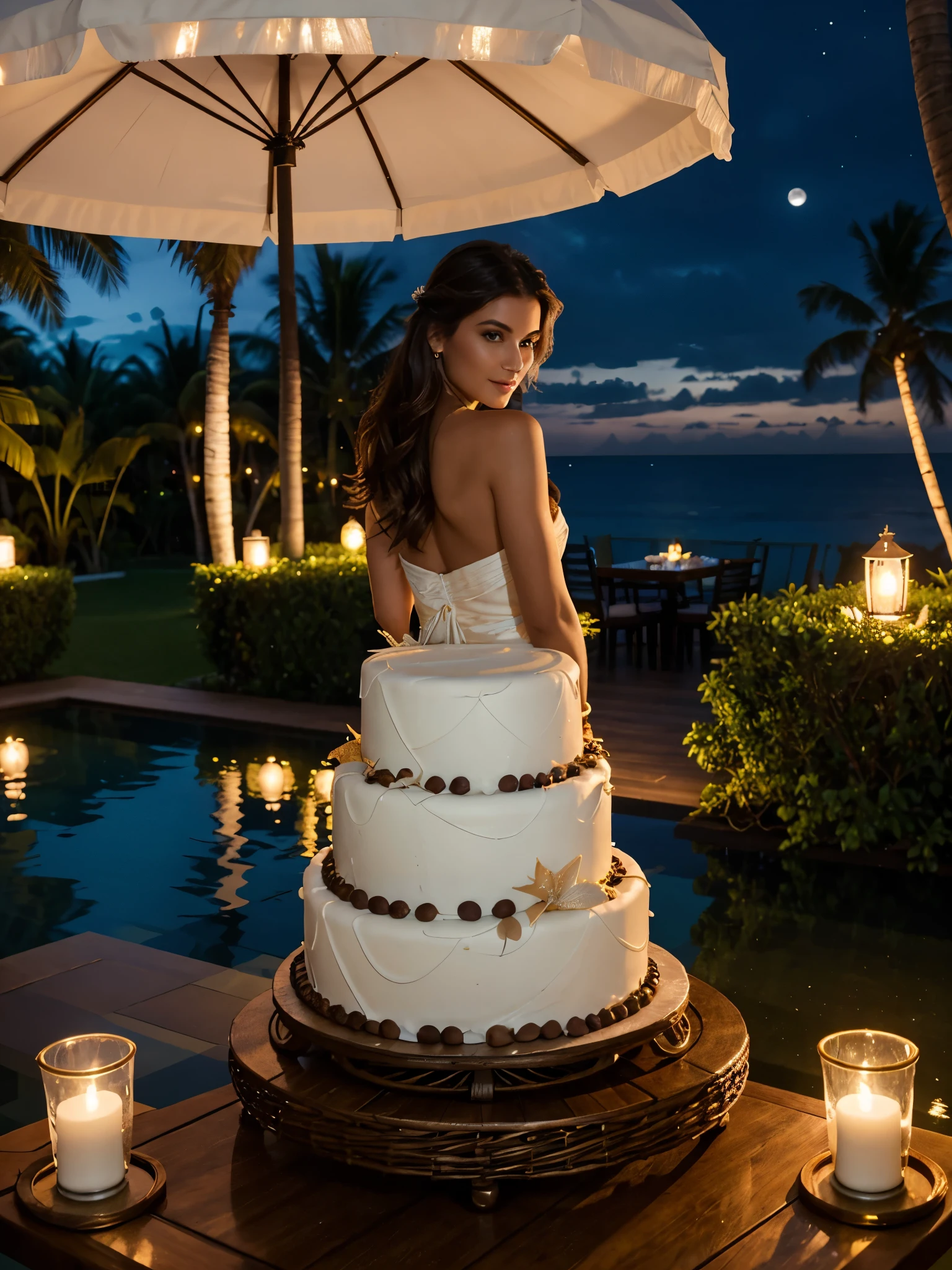 A stylish 25th birthday bash for a fashion model is set in a chic beachfront villa, where the ocean waves gently lap against the shore under a moonlit sky. Guests, adorned in elegant resort wear, enjoy gourmet hors d'oeuvres and tropical cocktails around a stunning infinity pool, while the model, radiant in a flowing designer dress, stands beside a beautifully decorated cake illuminated by lanterns and fairy lights.