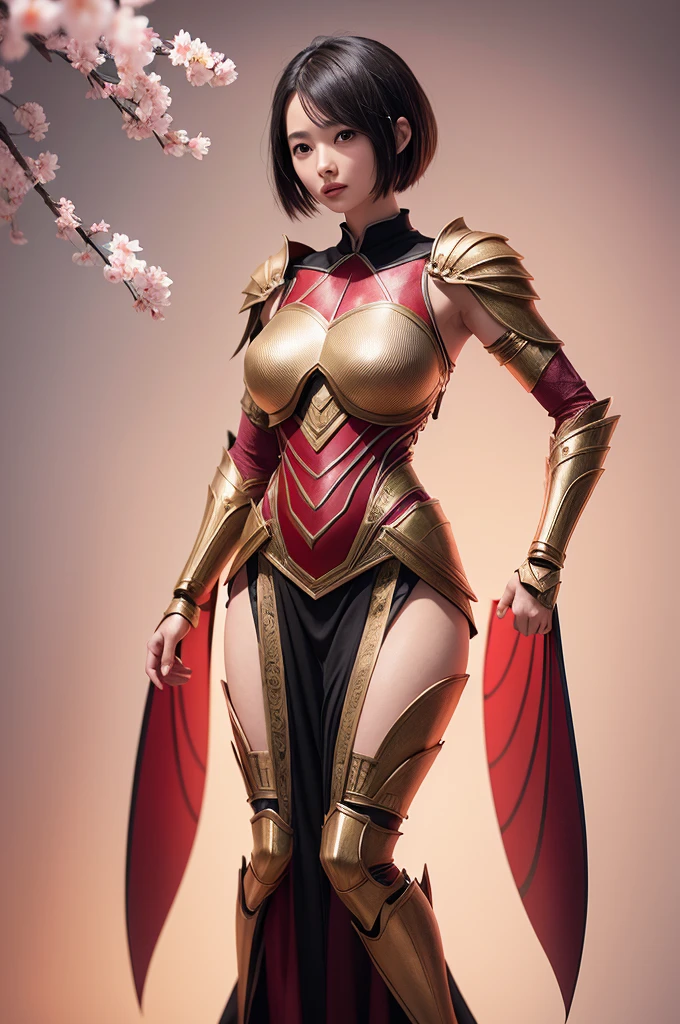 beautiful japanese young woman, wearing spiderwoman armor made of papyrus, thick symmetrical features, very short hair, background is cherry blossoms, pink aura, red lips, octane render,