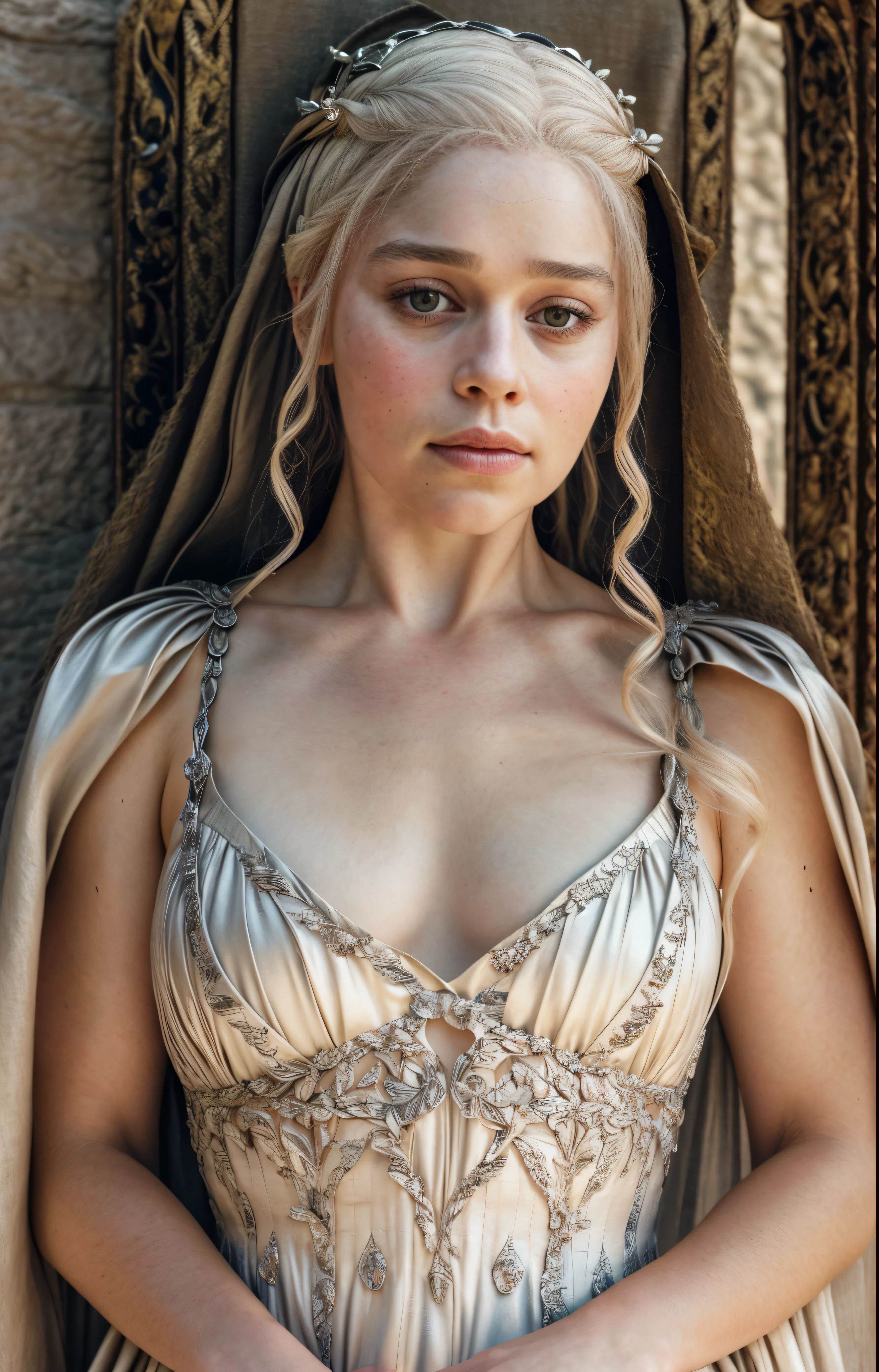 masterpiece, stunning portrait photo of khls woman, front facing towards the camera, wearing Erotic mediaeval costumes, War Costumes , sharp focus, natural lighting, subsurface scattering, f2, 35mm, film grain, Regal Beauty, Regent Queen, silk satin, linen clothes, beautiful ruler queen, sexiest majestic queen dress, 
  