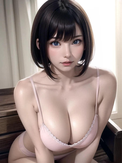 25 year old Japanese woman、Extremely detailed representation、masterpiece、最high quality、Best image quality,Curvy、Beautiful breasts、Big Breasts、Hyperrealist portrait,(8k),Ultra-realistic,最high quality, high quality, High resolution, high quality texture,Attention to detail,Beautiful details,Beautiful adult super short bob hair、Short bob hair with rounded edges that follow the lines of the face、Black hair straight、sleek bangs、Bangs that cover one eye、Wearing pink shorts、White sleeveless running wear、It fits perfectly to the body、Resting on a park bench、sweating、Refreshing look、whole bodyを描く、whole body、Camel Toe、Giant tit、Nipple Puffs、Cleavage、Plump、Super big breasts、Super big butt