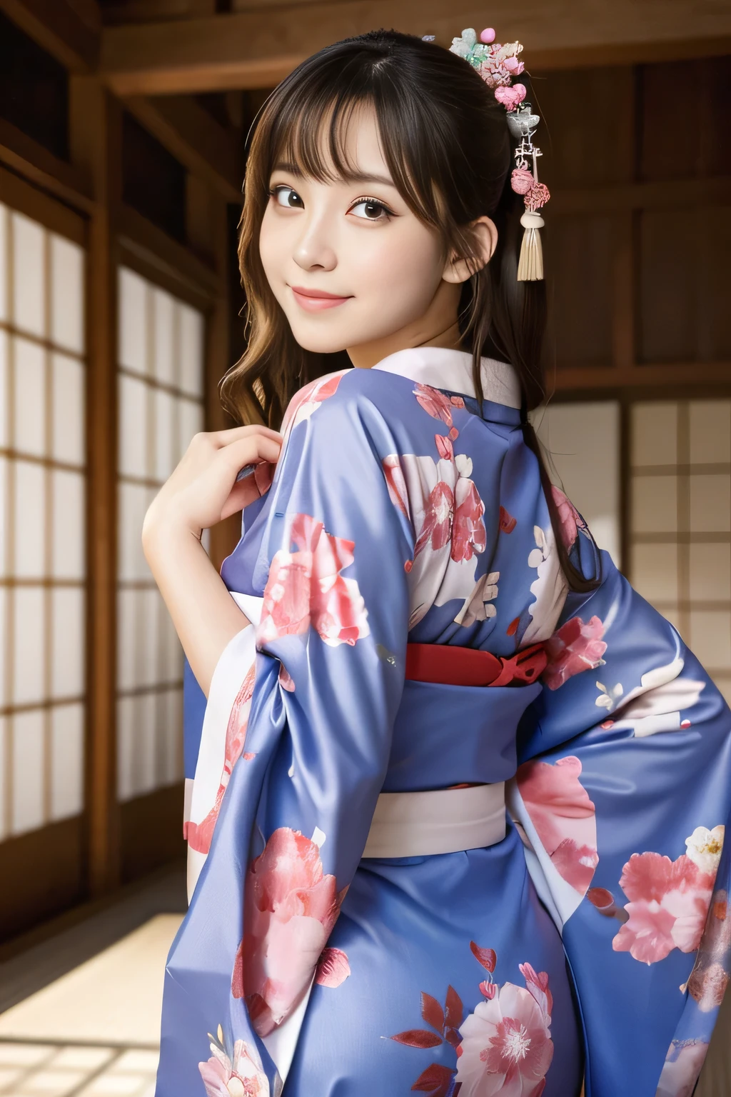 Best-quality, Masterpiece, Ultra-High-Resolution, (Photorealistic:1.4), Raw-Photo, 1girl, the most famous Japanese idol, wearing Japanese-KIMONO, upturned ass that wearing Japanese-KIMONO, looking at viewer, innocent-smile, the most cute face, the most beautiful big-eyes, the most beautiful hair, the most beautiful skins, the most beautiful long-eyelashes, the most beautiful lips, the most beautiful hip