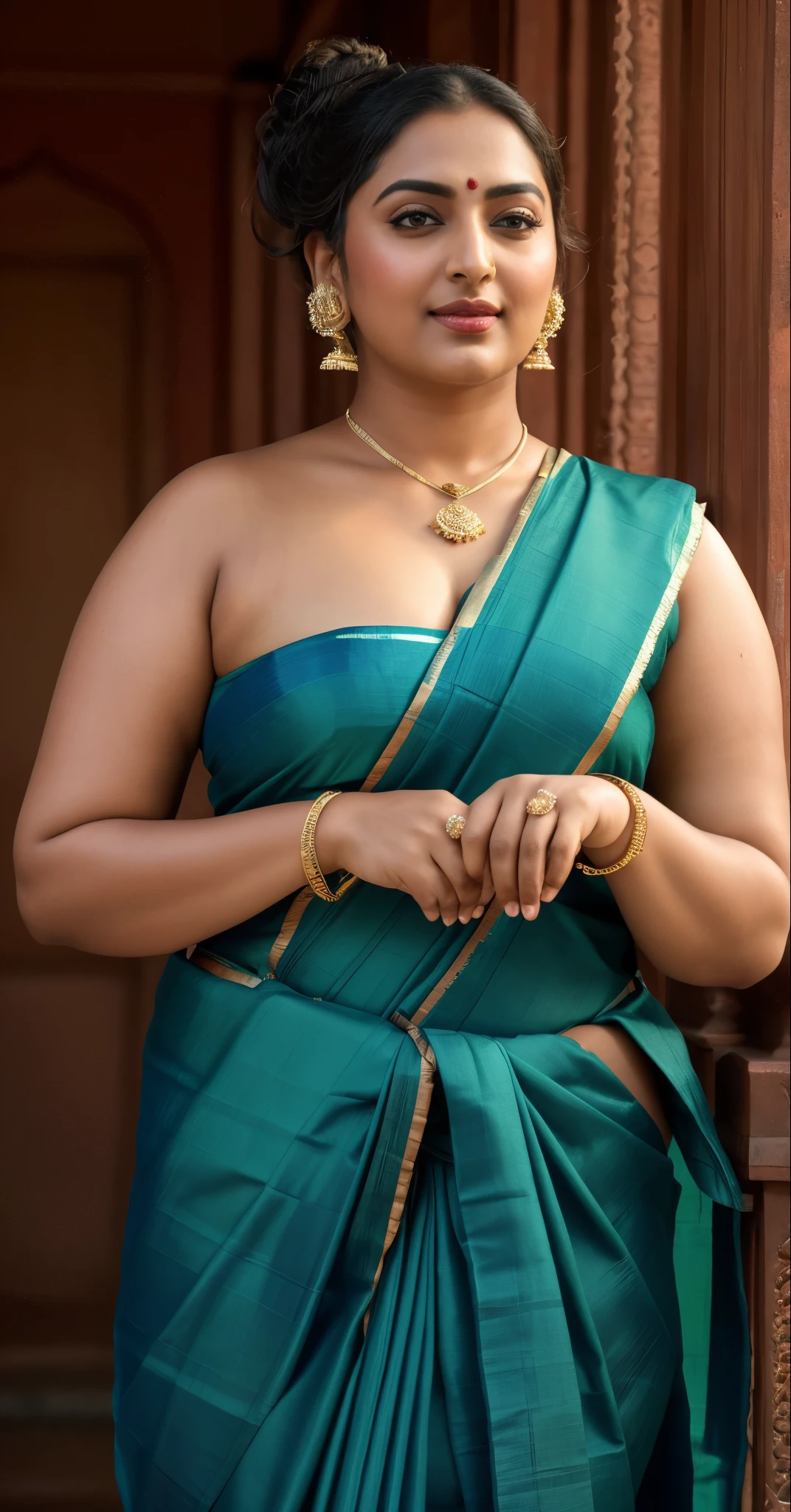 Foto RAW, photorealistic, photography, full body shot, master shot, perfect eyes, goddess like beauty, pierced eyes, perfect thick chubby mallu Desi aunty bhabhi, Wearing a Stanapatta, a chest-band.Saree model, model Photography, Indian saree shoot, Indian traditional wear advertising photography, traditional wear brand shoot, face of Indian actress Sonakshi Sinha, masterpiece, realistic, realism, incredible details,  pleasure, photorealism, detailed skin, skin pores, high contrast, photorealistic Artstation 8k HD digital art trend of high definition and detailed realistic skin texture, ultra detail, realistic skin texture, armature, best quality, ultra high definition, (photorealistic:1.4),, high resolution, detail, raw photo, sweat, Re sharp, by Lee Jefferies Nikon D850 Film Stock Photo 4 Kodak Portra 400 Camera F1.6 Lens Rich Color Ultra Real Realistic Realistic Textures Dramatic Lighting Unreal Engine Trending at Art Station Cinestill 800,(pele altamente detalhada: 1.2), 8k UHD, DSLR, soft-lighting, alta qualidade, grain of film, Fujifilm XT3,she didn't like to wear blouse or bra, she is happy to wear only saree, she hates blouse or bra, detailed hairy armpits, hyper realistic skin, skin pores, sweat, veins, 