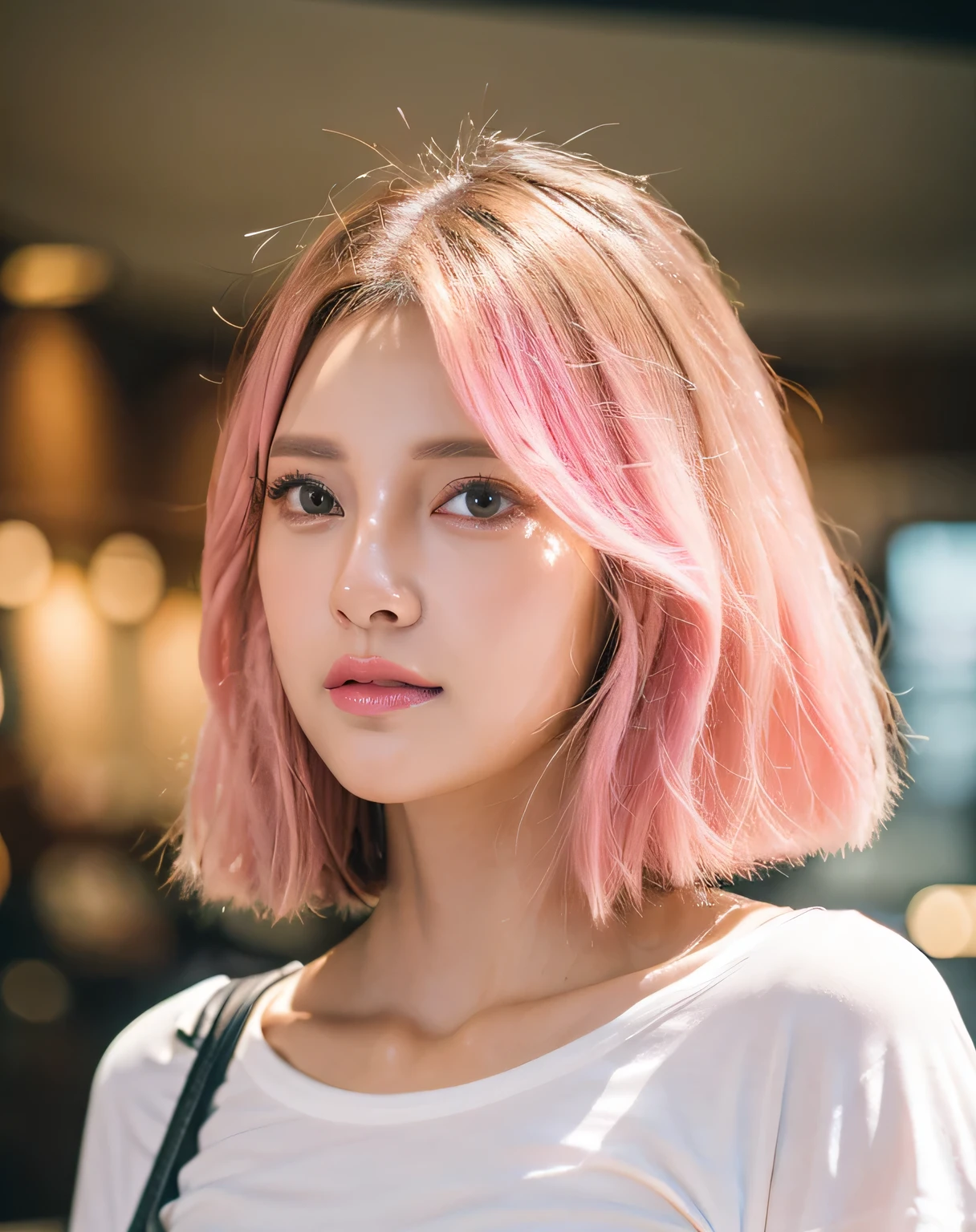 beautiful instagram model, pink hair, at the airport, holding starbucks coffee cup, wearing t-shirt and short skirt, full body, detailed face, long eyelashes, detailed eyes, detailed lips, highly detailed, 8k, photorealistic, studio lighting, professional photography, warm color tone, natural lighting