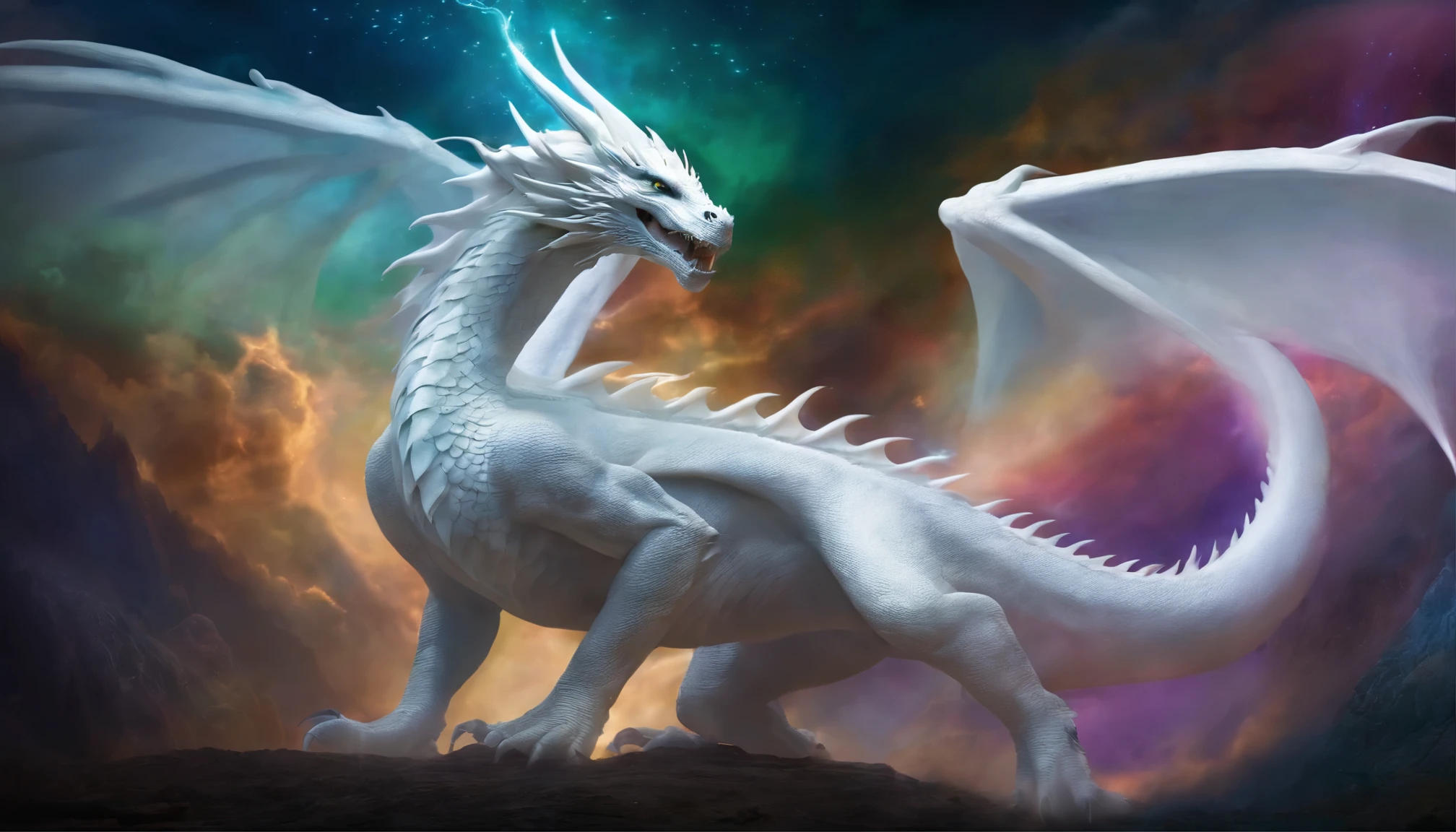A white dragon surrounded by a vortex of light