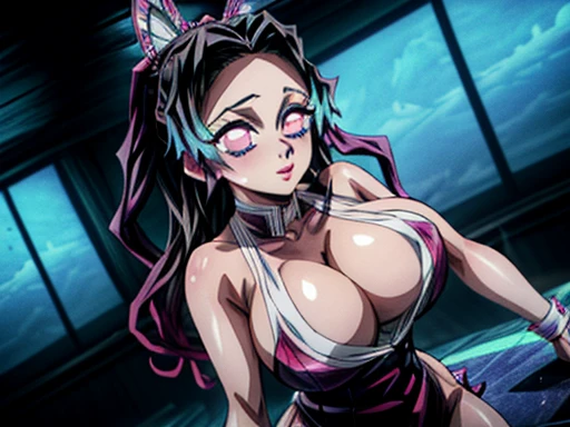 A beautiful bunny girl with long, flowing hair mixing drinks in a lively nightclub, her gigantic breasts drawing attention, (best quality,4k,8k,highres,masterpiece:1.2),ultra-detailed,(realistic,photorealistic,photo-realistic:1.37),highly detailed face, detailed eyes, detailed lips, long eyelashes, extremely detailed facial features, intricate nightclub interior, neon lights, moody lighting, vibrant colors, dynamic composition, 3D rendering, cinematic lighting, dramatic shadows, fantasy, anime-style, shinobu, kimetsu no yaiba art style, masterpiece, best quality, absurdres, perfect antomy, ((anime Illustrator)),best quality,highly detailed,detailed beautiful face, large breasts,huge breasts,sasagging breasts, curvy, wide hips, thick thighs,