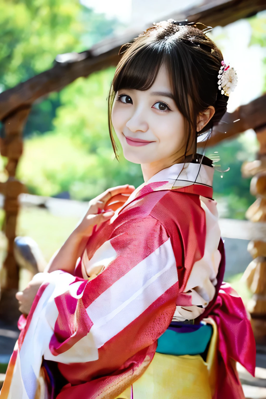 Best-quality, Masterpiece, Ultra-High-Resolution, (Photorealistic:1.4), Raw-Photo, 1girl, the most famous Japanese idol, wearing Japanese-KIMONO, upturned ass that wearing Japanese-KIMONO, looking at viewer, innocent-smile, the most cute face, the most beautiful big-eyes, the most beautiful hair, the most beautiful skins, the most beautiful long-eyelashes, the most beautiful lips, the most beautiful hip