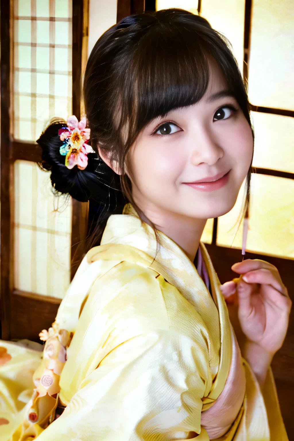 Best-quality, Masterpiece, Ultra-High-Resolution, (Photorealistic:1.4), Raw-Photo, 1girl, the most famous Japanese idol, wearing Japanese-KIMONO, upturned ass that wearing Japanese-KIMONO, looking at viewer, innocent-smile, the most cute face, the most beautiful big-eyes, the most beautiful hair, the most beautiful skins, the most beautiful long-eyelashes, the most beautiful lips, the most beautiful hip