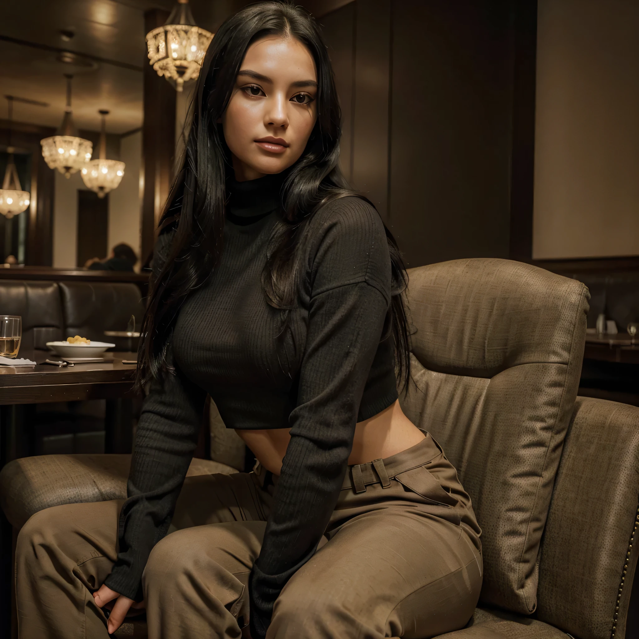 a beautiful woman with long black hair, wearing a black cropped turtleneck and beige cargo pants, sitting in a chair in a restaurant, hyperrealistic, intricate details, high quality, photorealistic, warm lighting, cinematic composition, dramatic shadows, beautiful facial features, glowing skin, elegant posture, atmospheric environment, detailed textures, seamless integration, stunning realism