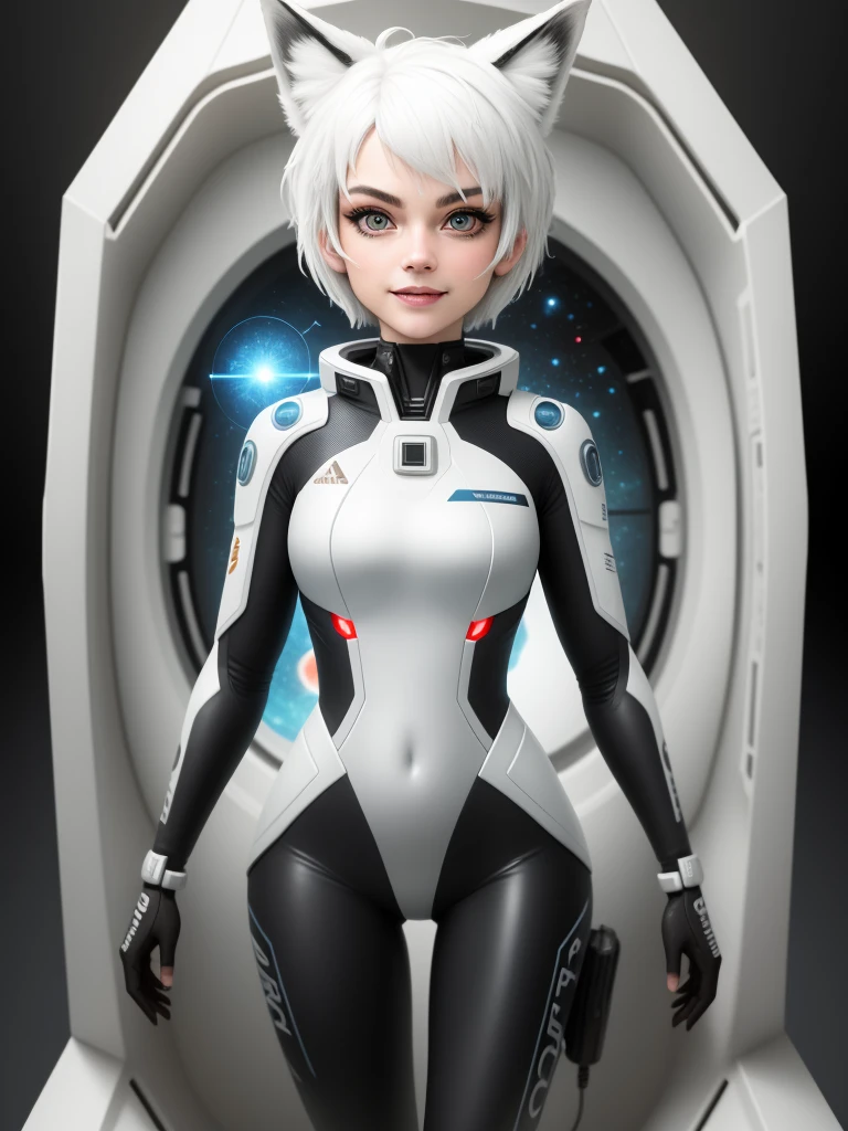 masterpiece,best quality,absurd,Ultra Detailed,8K,Reality,
Amazing figure,
In the distance,Cowboy shooting,
posture,Hitting on someone,
(playful gaze, giggle:1.1),cosmetic,
1 Girl,Fox Face,white hair, Pixie Short Hair,
Plug set, Science fiction,
Enter the spaceship