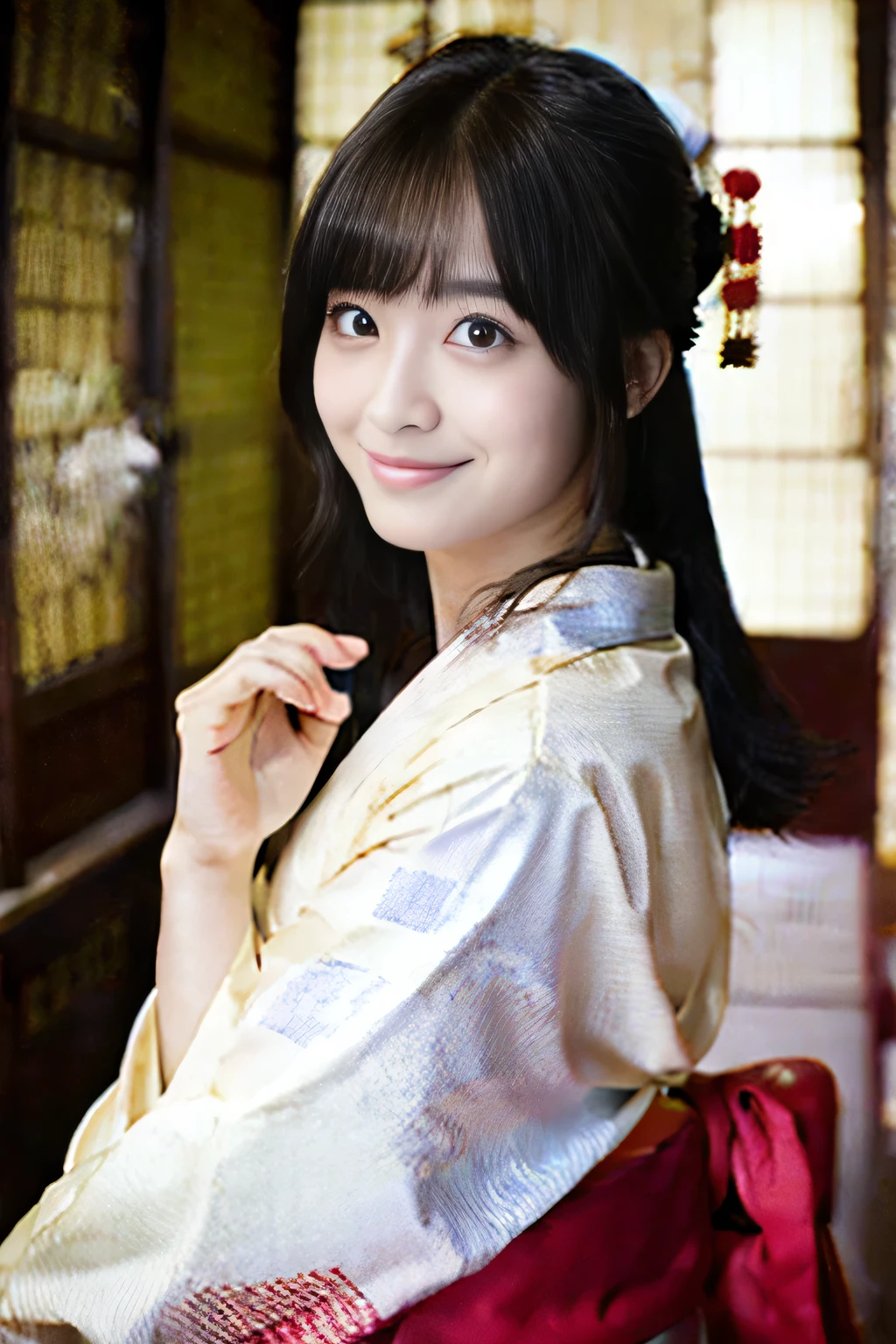Best-quality, Masterpiece, Ultra-High-Resolution, (Photorealistic:1.4), Raw-Photo, 1girl, the most famous Japanese idol, wearing Japanese-KIMONO, upturned ass that wearing Japanese-KIMONO, looking at viewer, innocent-smile, the most cute face, the most beautiful big-eyes, the most beautiful hair, the most beautiful skins, the most beautiful long-eyelashes, the most beautiful lips, the most beautiful hip