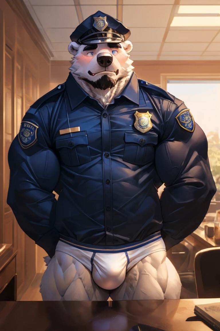 (Masterpiece),(Extremely detailed),(Best quality),Hairy,Polar Bear,White fur,Light blue pupils,Black beard,Muscular,Black-rimmed glasses,(Police hat: 1.2),((Black police uniform: 1.3, with buttons and badge emblem shining, slightly opened to reveal the white briefs underneath)), (((Police uniform open, showing the toned, muscular physique))), (((White briefs peeking out from the opening of the uniform))), (Blushing shy: 1.1, with his fur bristling slightly due to embarrassment, yet maintaining an air of authority), Bedroom Background, Stand
