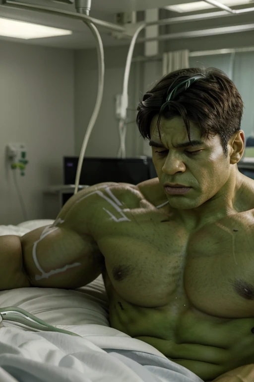 Hulk lying in a hospital bed with white wires connected to his chest connected to heart rate measuring devices, Hulk feliz, desenho estilo Disney