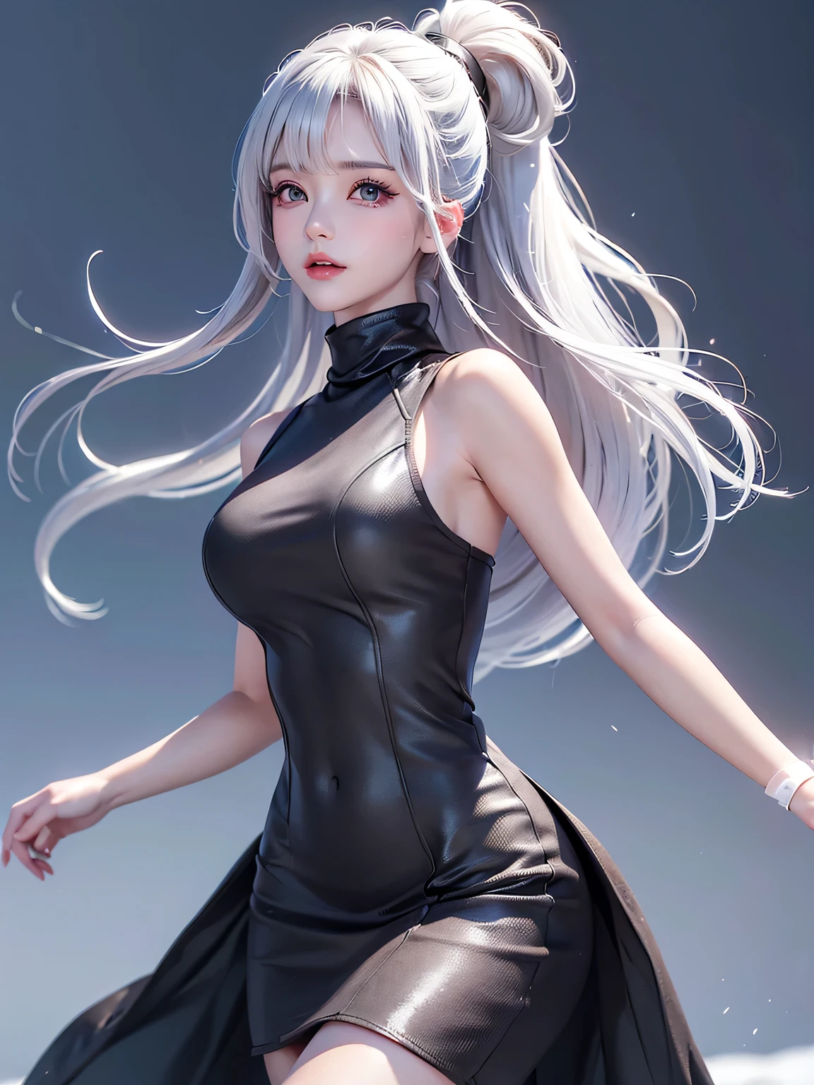 (Upper body portrait:1.5)((masterpiece:1.5、8k、Portraiture、Photorealistic and very detailed CG、Very detailed、Particle Effects、Dynamic Effects、Written boundary depth、Cinematic Light、Lens flare、Ray Tracing、Tabletop、Realistic:1.4、超A high resolution、Realistic、Realistic))((alone、Turtleneck dress,No sleeve、Woman in a black fur coat:1.4、Side bust、Model-like pose、Detailed face、brightexpression、young, bright, Whiter skin、large beautiful breasts、Best Looks、Ultimate beauty、White hair with shiny highlights:1.8、bright and shiny hair,、Arranged Hair、Hair dancing in the wind))(morning、In the background is a snowy hill overlooking the ruins...)
