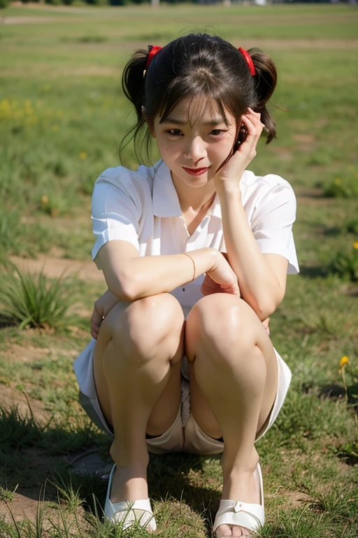 Japanese, , white dress, pee, pee, squat, open knees, shy face, red face, lifts skirt, pee comes out, a lot of pee comes out, legs spread, pee splashes , pee flowing, pee coming out, not wearing pants, not wearing underwear, embarrassed, happy, feels good, grass, daytime, bright, sunlight,