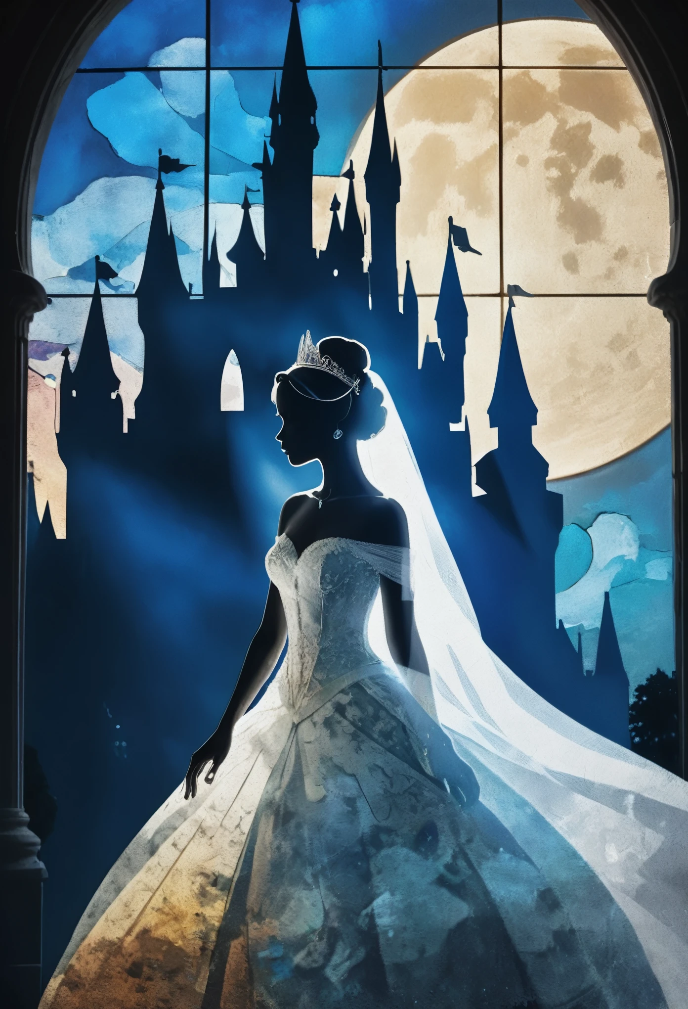 1Bride attire, ((silhouette art)), (Double Exposure:1.5) , Close-up, face focus, (blue Moon;1.4) Cinderella Castle, improve, complex, (best quality, masterpiece, representative work, official art, professional, Stained Glass Background:1.3)