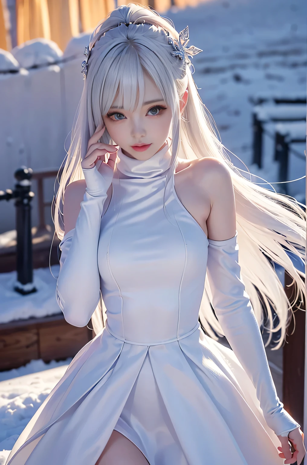 (Close-up image)((masterpiece:1.5、8k、Tabletop、Photorealistic and very detailed CG、Very detailed、Particle Effects、Dynamic Effects、Written boundary depth、Cinematic Light、Lens flare、Ray Tracing、Tabletop、Realistic:1.4、超A high resolution))((alone、,Woman wearing a fur coat over a turtleneck dress:1.4、No sleeve、Exposing shoulders、Elegant woman posing:、Detailed face、brightexpression、young, bright, Whiter skin、medium beauty breasts、Best Looks、Ultimate beauty、White hair with shiny highlights、Bright, shiny, super long straight hair、Hair dancing in the wind))(morning、The setting is outdoors in the snow、Snowflakes flutter)

