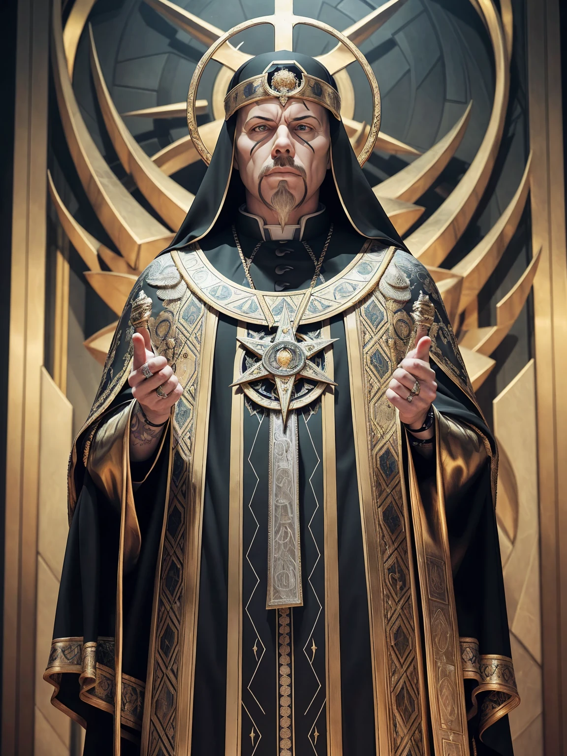 James Hetfield as a Heavy Metal Pope in a stoic pose; ((Traditional Heavy Metal Pope outfit)); standing; ((Traditional Heavy Metal style)); ultrarealistic skin, ultrarealistic face; ultrarealistic body; ((ultrarealistic gold ornaments)); detailed skin; ultra detailed eyes; ultra detailed face; full body symmetrical with thick lines, Fibonacci, golden ratio, 3D metal structure tessellation, neural graphic, neurons, color, love, passion, incredibly detailed, 8k, masterpiece, artstation, surreal
