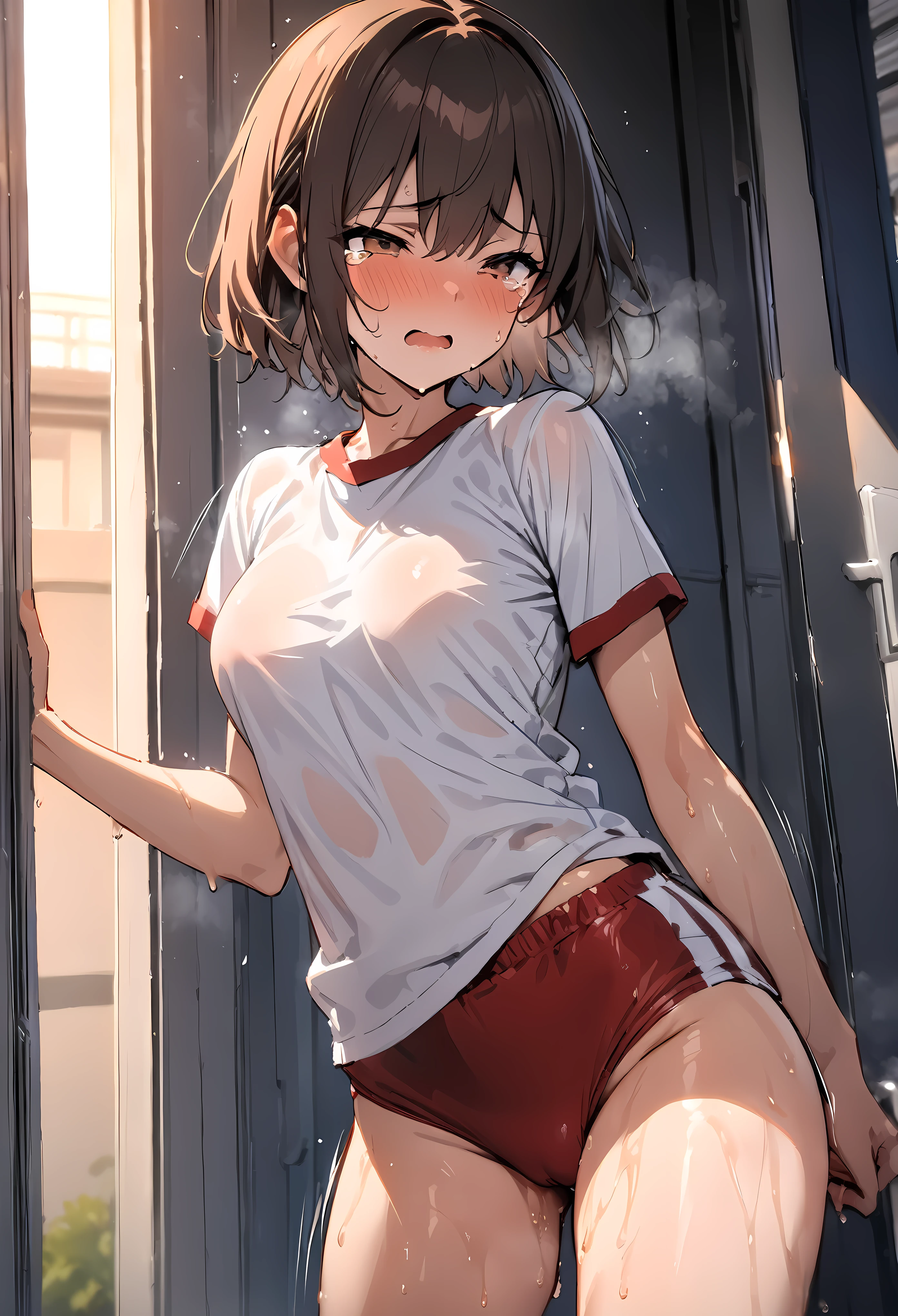 Stagger,motion line,(((masterpiece, highest quality:1.5))),after rape,cowboy shot,16 year old beauty,solo,dark brown hair,short bob hair,brown eyes,blunt,skinny,medium breasts,toned body,skinny,shiny skin,oily skin,sweat,shy,tears,Heavy breathing,   BREAK     ,school gym clothes, White short sleeve T-shirt, Red Ringer Neck, school gym red buruma,Love juice,   BREAK   ,walk,corridor、On campus、School、sunset、
