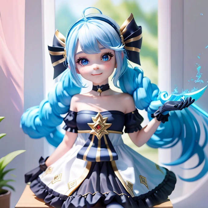 1 girl, Black Bow, 黑gloves, Black socks, blue eyes, Blue Hair, Clarkbourne,Spiral blade, skirt, Drill Hair, frill skirt, Frills, gloves, Gwen\(League of Legends), hair accessory,High resolution,League Legends,Long white hair,Chapped lips,Puff sleeves,Pupils in pink color,smile,alone,White skirt,Vatu,10号hair accessory,sitting down,sit,Inside the room,Half naked,Thin Hair,Arm sculpture,Blue Hair,flowering,exquisite shoes,Depiction of facial features,Exquisite facial features,Eye depiction,Thin Hair,Pop Mart Blind Box,Clay texture,Golden Ratio,Black and white background,Natural light,highest quality,Super detailed,3D Art,c4d, Overclocked Renderer, 3D Rendering, 8k,Diverse actions,Blushing Blushing,Q version,(Big Head Doll:2),gnome,Round sound