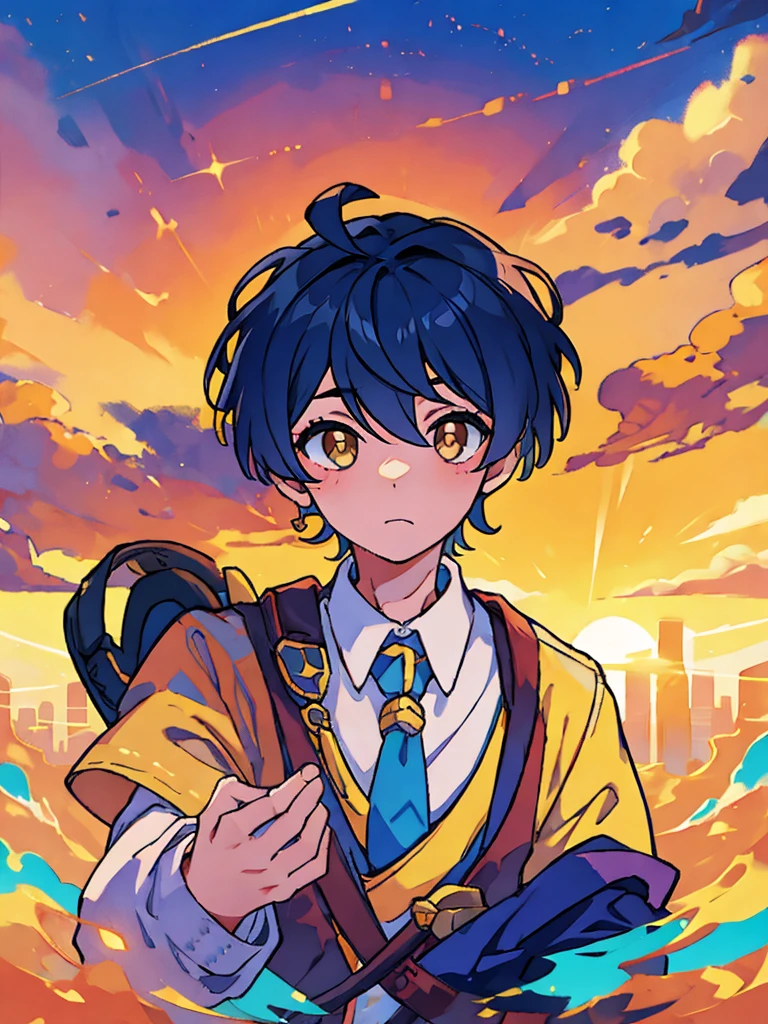 highest quality、masterpiece、Sunset sky、(One boy)One boy、High 、tie、headphone